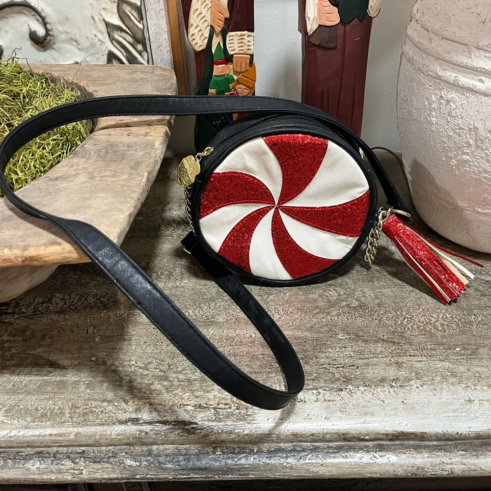 Betsey Johnson peppermint swirl glittered cross body EUC